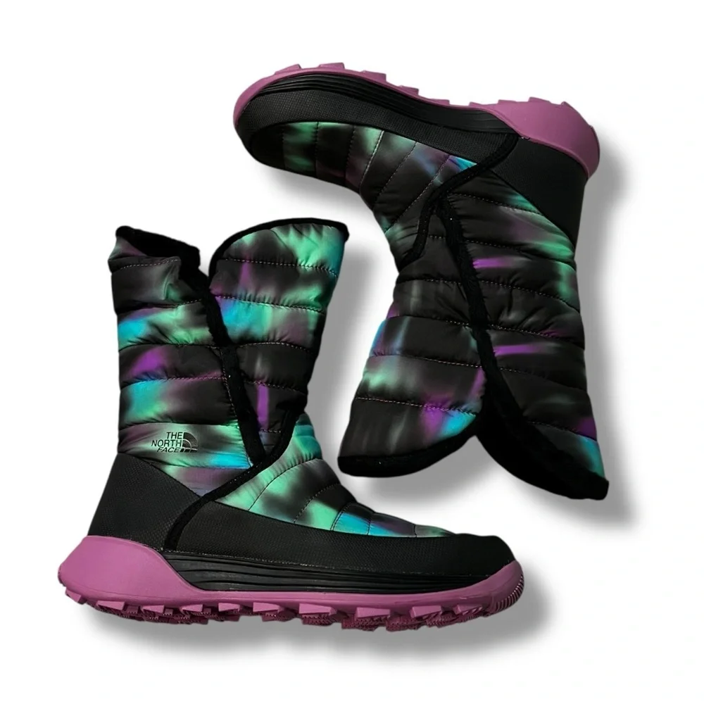 North Face Amore II Snow Boots Quilted Nylon Black Pink Big Kids 5 NEW w/box